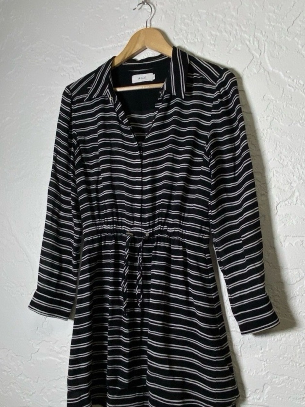 A.L.C. Striped 100% Silk Black Mini Dress with Drawstring Waist Size 2